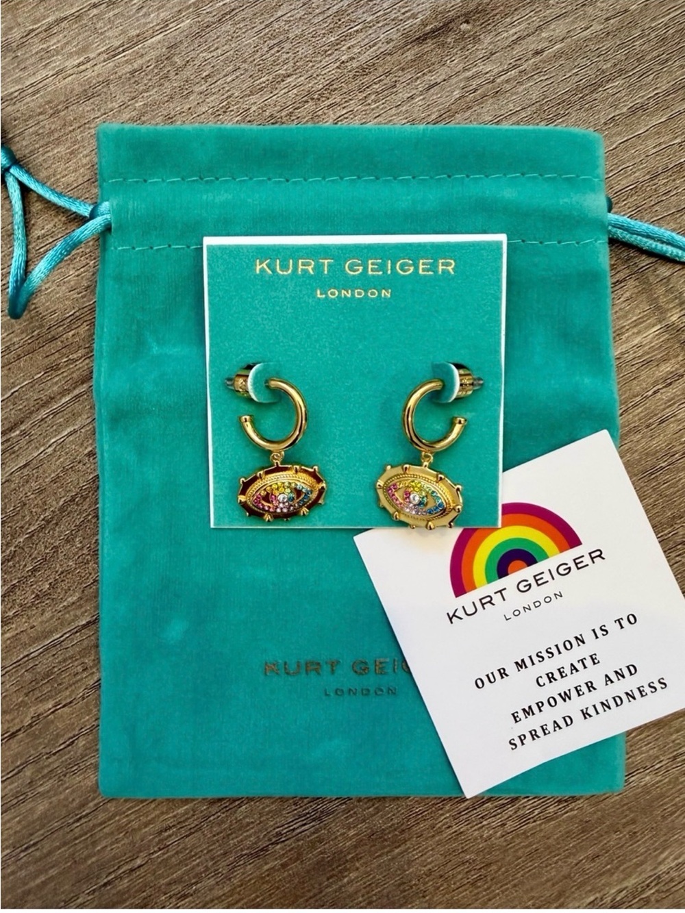 Kurt Geiger Gold and Teal Rainbow Eye Charm Hoop Earrings